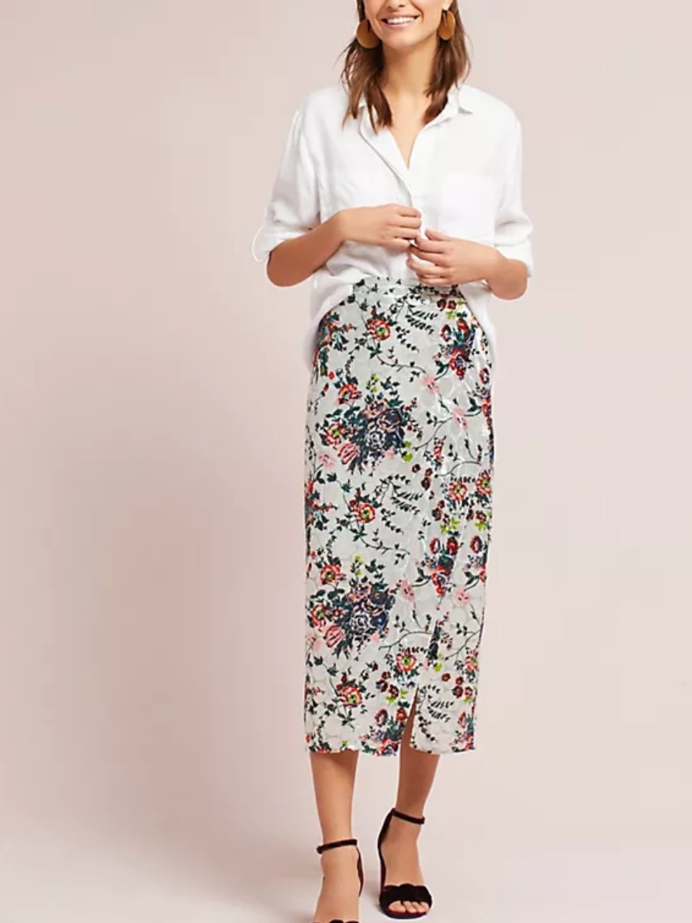 Maeve Anthropologie Velvet Floral Midi Pencil Skirt Size 0